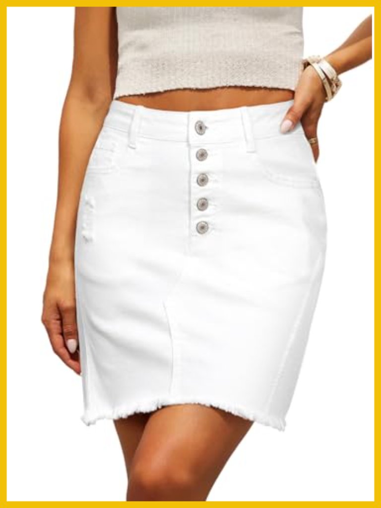 High Waist Stretchy Ripped Frayed Button Fly Denim Skirt